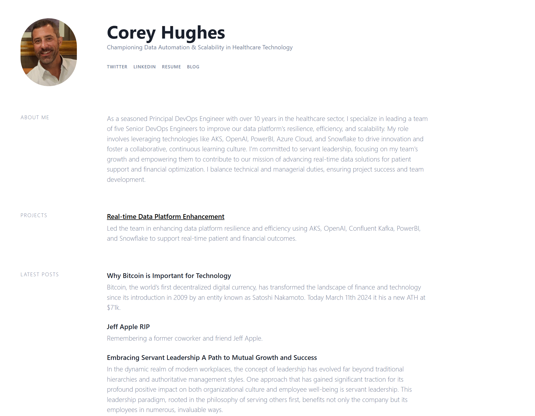 Home page of personal portfolio website